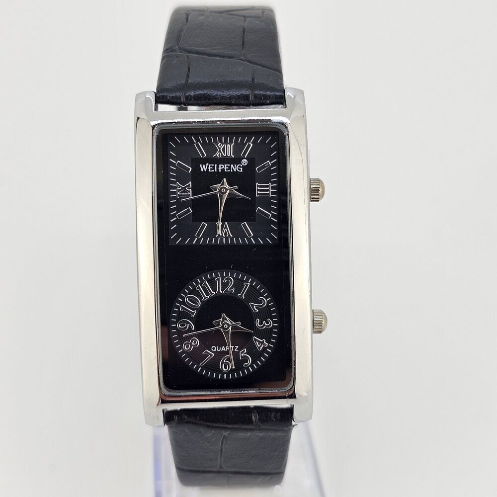 24MM Women's Dual Time Watch Gray Case Black Dial Black‎ Leather Band Straps